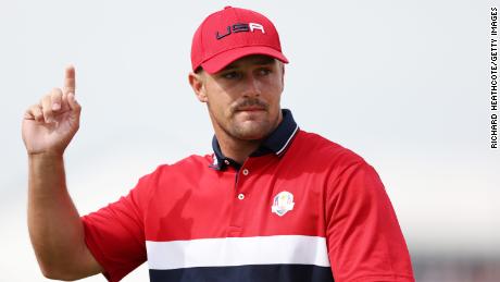 DeChambeau reacts to his eagle on the first green during Sunday&#39;s Singles matches at the 43rd Ryder Cup.