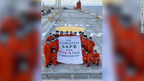 Seafarers on board a Mitsui O.S.K Lines vessel share a message of safety.