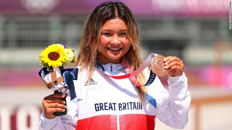 Brown poses with her Olympic bronze at Ariake Urban Sports Park.