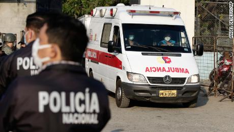 An ambulance leaves from the Litoral Penitentiary in Guayaquil, Ecuador, Wednesday, September 29, 2021.
