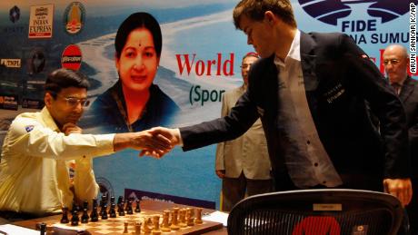 Magnus Carlsen (right) defeated Indian Viswanathan Anand (left) in the World Chess Championship match to become World Champion at age 22 in Chennai, India.