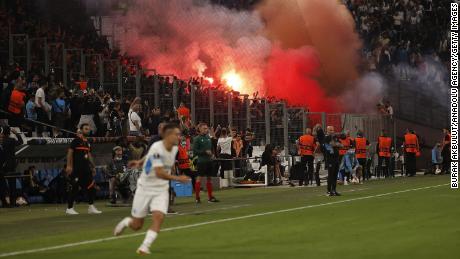 Marseille and Galatasaray fans clash during the goalless draw.