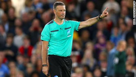 Clattenburg referees at a Soccer Aid match at Stamford Bridge in 2019.  
