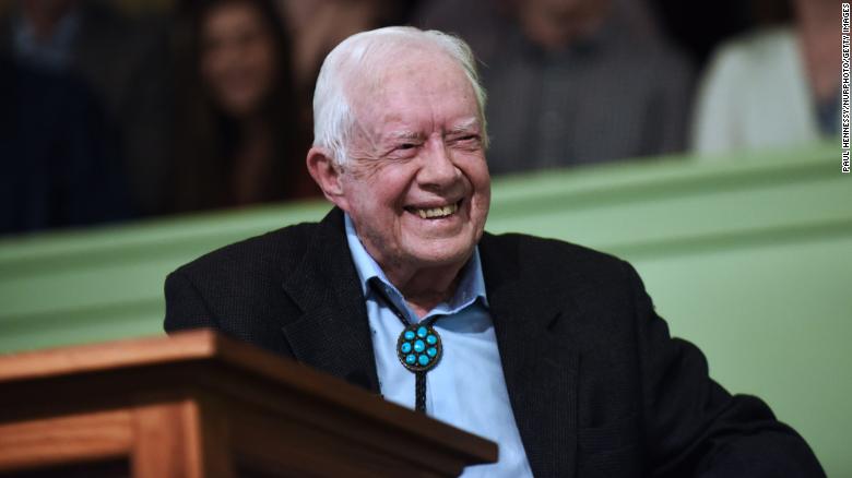 Former President Jimmy Carter speaks to the congregation at Maranatha Baptist Church before teaching Sunday school in his hometown of Plains, Georgia, on April 28, 2019.