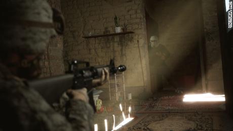 A scene from &quot;Six Days in Fallujah&quot; shows a US serviceman aiming his weapon at an Iraqi man wearing a traditional headdress.