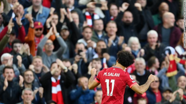 LIVERPOOL, ENGLAND - OCTOBER 03: Mohamed Salah of Liverpool celebrates after scoring their side's second goal during the Premier League match between Liverpool and Manchester City at Anfield on October 03, 2021 in Liverpool, England. (Photo by Michael Regan/Getty Images)