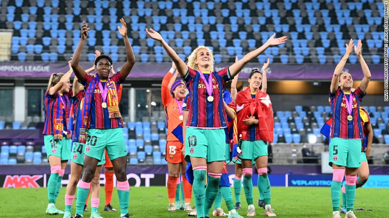 History maker: Oshoala celebrates as Barcelona crush Chelsea 4-0 to win the Women&#39;s Champions League