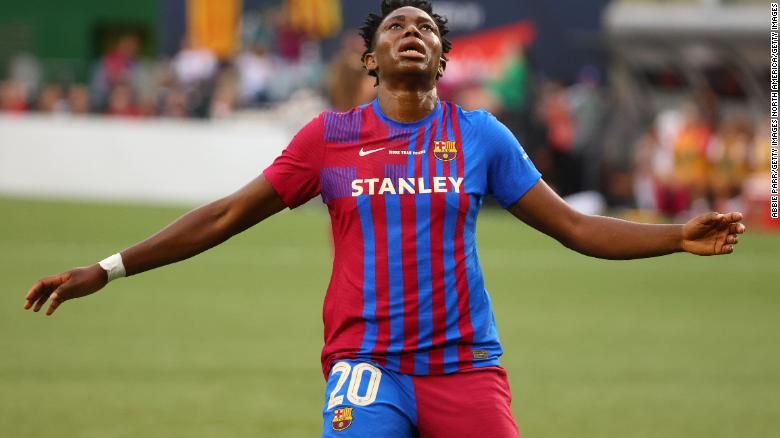 Asisat Oshoala #20 of FC Barcelona reacts after missing a shot attempt in the second half during the Women's International Champions Cup semifinal between Olympique Lyonnais and FC Barcelona at Providence Park on August 18, 2021 in Portland, Oregon.