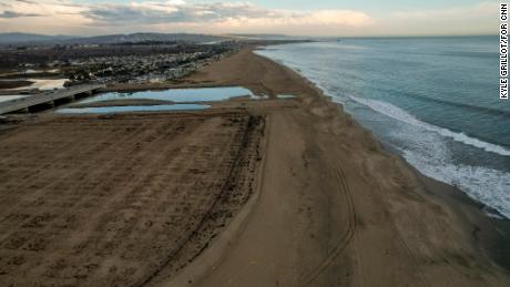 The recently cleaned beach in the affected area of the oil spill off the coast of Huntington Beach, California on Monday.