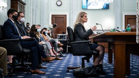 Former Facebook employee and whistleblower Frances Haugen testifies during a Senate Committee on Commerce, Science, and Transportation hearing entitled &#39;Protecting Kids Online: Testimony from a Facebook Whistleblower&#39; on Capitol Hill, October 05, 2021 in Washington, DC. 