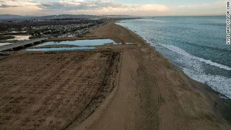 The recently cleaned beach in the affected area of the oil spill off the coast of Huntington Beach on Monday.