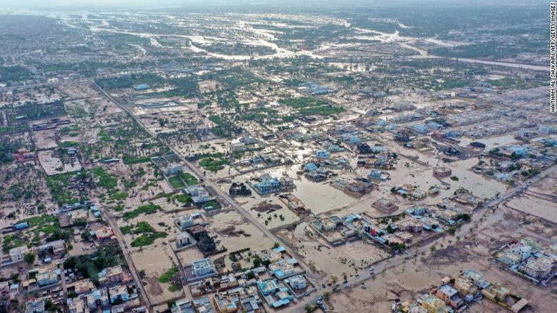 An aerial view shows the aftermath of tropical Cyclone Shaheen's extreme rains in al-Khaburah city of Oman's al-Batinah region on Oct. 4, 2021.