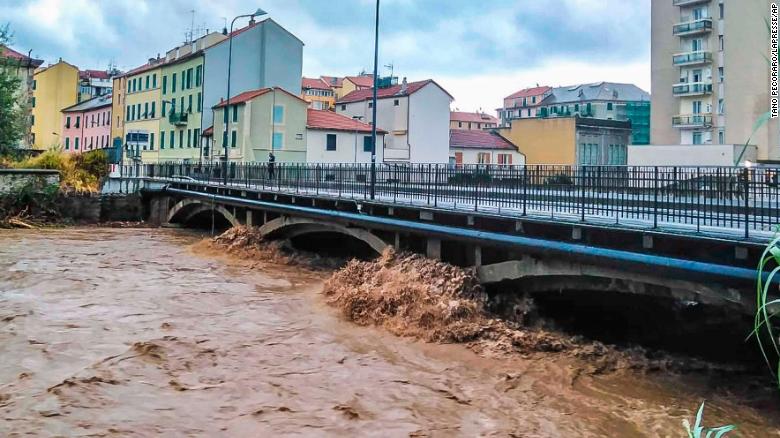 A view of a river near Savona in Northern Italy, swallowed after heavy rains in the region, on Oct. 4, 2021. Heavy rain battered the northwest region of Italy bordering France, causing flooding and mudslides on Monday in several places. 