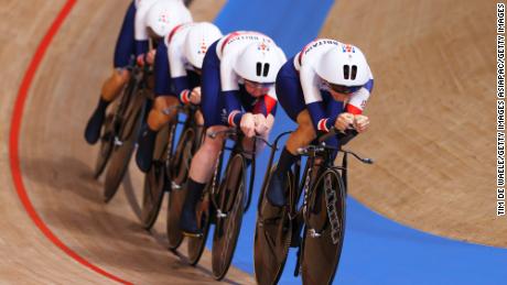 Barker and her teammates compete in the women&#39;s team pursuit at the Tokyo Olympics. 