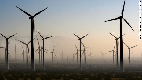 Wind turbines generating electricity at the San Gorgonio Pass Wind Farm near Palm Springs, California.