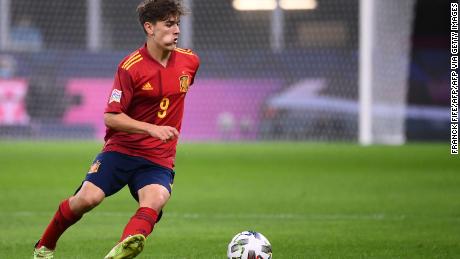 Spain&#39;s midfielder Gavi controls the ball against Italy on October 6, 2021. 