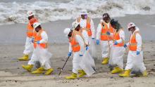 A cleanup crew works on the beach on Thursday, October 7, 2021 in Huntington Beach, California.