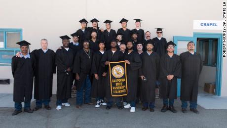 Prisoners who took part in Cal State LA&#39;s bachelor degree program graduate during a ceremony on October, 5, 2021.