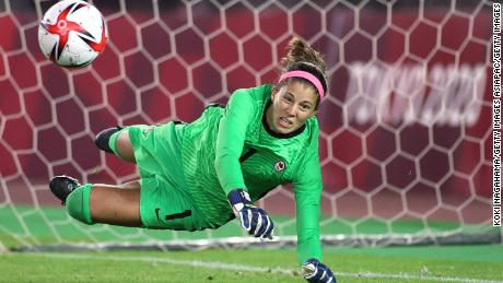 Canada&#39;s Stephanie Labbe saves Brazilian Rafaelle&#39;s penalty during the women&#39;s quarterfinal shootout at the Tokyo Olympics.