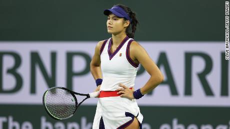 Emma Raducanu of Great Britain shows her dejection during her straight sets defeat by Aliaksandra Sasnovich of Belarus.