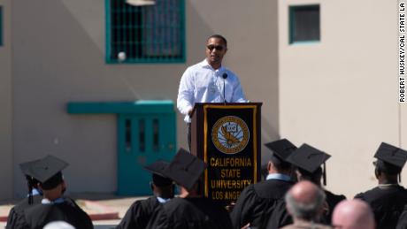 Allen Burnett speaking at the graduation ceremony at California State Prison, Los Angeles County (LAC) on October 5, 2021.