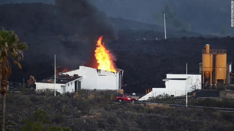 A cement factory in Los Llanos was set ablaze by the lava.