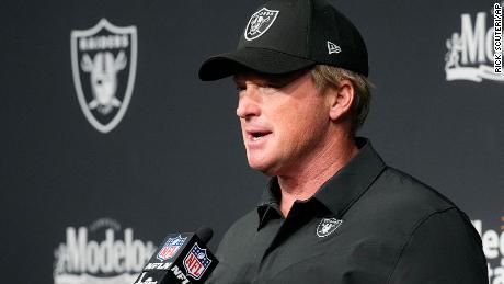 Las Vegas Raiders head coach Jon Gruden attends a news conference after an NFL football game against the Miami Dolphins, Sunday, Sept. 26, 2021, in Las Vegas. (AP Photo/Rick Scuteri)