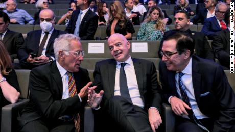 Sylvan Adams, Gianni Infantino and Steve Mnuchin attend the launch of the &quot;Friedman Center for Peace through Strength&quot; at the Museum of Tolerance Jerusalem.