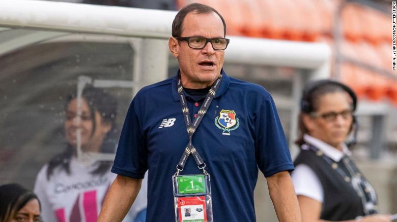 Panama Women's Olympic Soccer head coach Zseremeta on the sideline of the game against the Costa Rica.