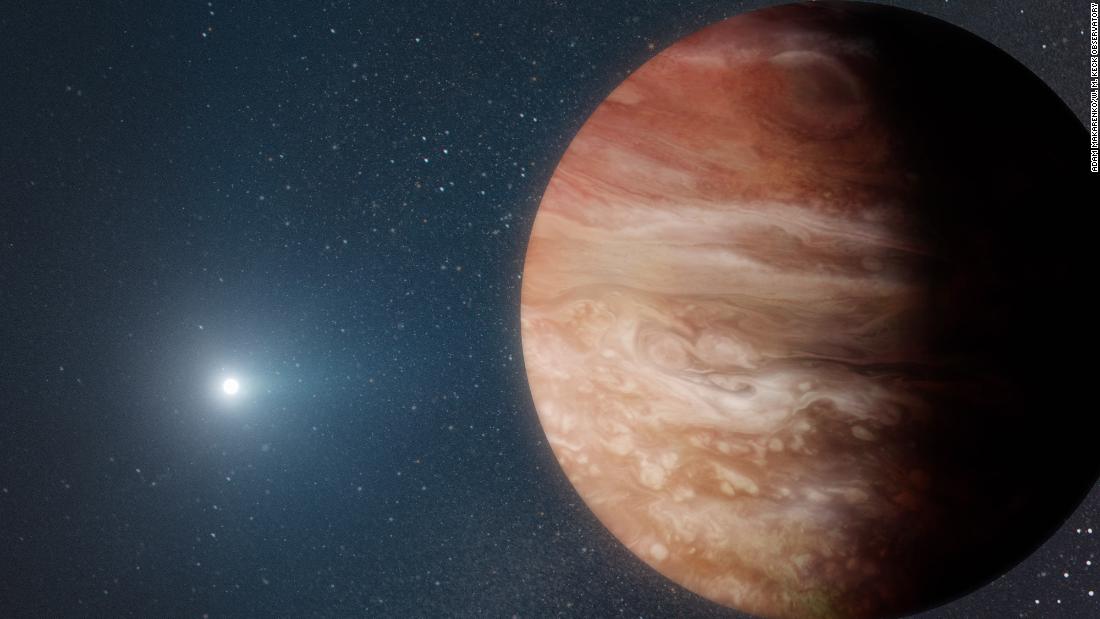 This artist&#39;s rendering shows a Jupiter-like planet orbiting a dead white dwarf star 6,500 light-years away from Earth. The planet survived the violent phases of stellar evolution leading to the star&#39;s death.