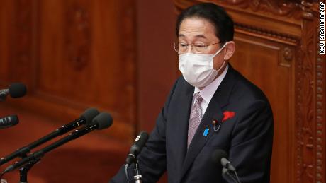 Fumio Kishida delivers a speech during an extraordinary Diet session at the lower house of Parliament in Tokyo, on October 11.