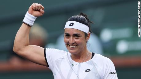 Ons Jabeur of Tunisia  celebrates after her straight sets victory against Anett Kontaveit of Estonia during their quarterfinal match at the BNP Paribas Open at the Indian Wells Tennis Garden.