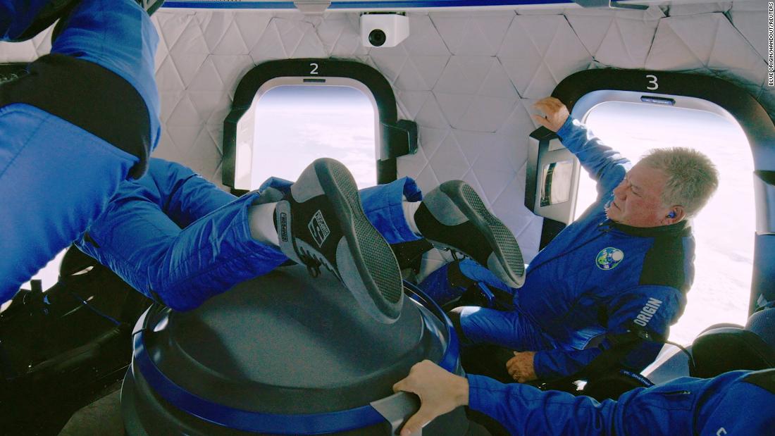 Shatner and his Blue Origin crewmates float inside a capsule during their suborbital flight in October 2021.