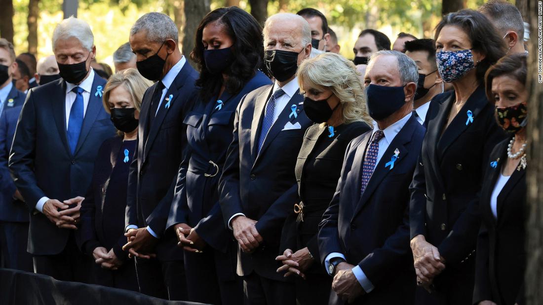 A moment of silence is held at the National September 11 Memorial and Museum in New York in September 2021. From left are Bill Clinton; Hillary Clinton; former President Barack Obama; former first lady Michelle Obama; President Joe Biden; first lady Jill Biden; former New York City Mayor Michael Bloomberg; Bloomberg&#39;s partner, Diana Taylor; and House Speaker Nancy Pelosi.