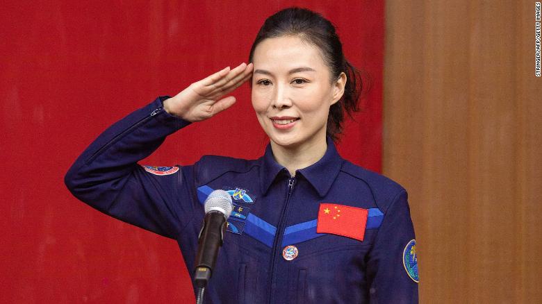 Chinese astronaut Wang Yaping attends a news briefing the day before the launch, at the Jiuquan Satellite Launch Centre in the Gobi desert, on October 14.