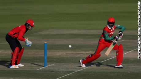 Oman&#39;s Aqib Ilyas plays a shot against Hong Kong during the 2017 Desert T20 Challenge in Abu Dhabi.