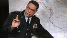 Colin Powell, chairman of the US Joint Chief of Staff, makes a point about the entrenched Iraqi troops in Kuwait during a briefing at the Pentagon 23 January 1991, Washington, DC. According to Powell, the US has achieved air superiority in the week-old Persian Gulf War.   AFP PHOTO/J.David AKE (Photo credit should read J. DAVID AKE/AFP via Getty Images)