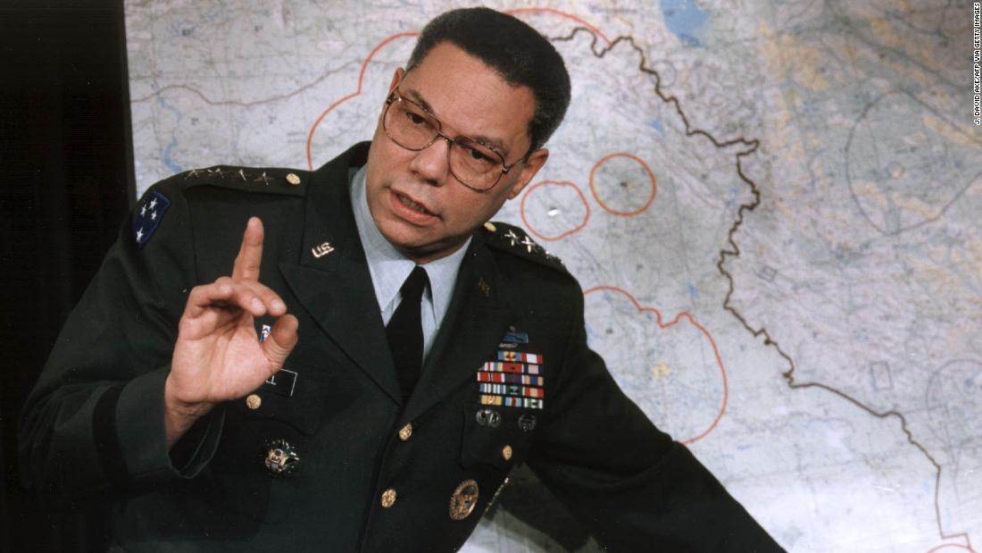 Powell makes a point about entrenched Iraqi troops during a Pentagon briefing in 1991.