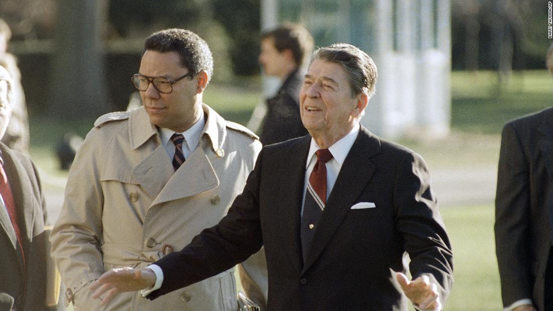 Powell accompanies Reagan on a trip to Charlottesville, Virginia, in 1988.