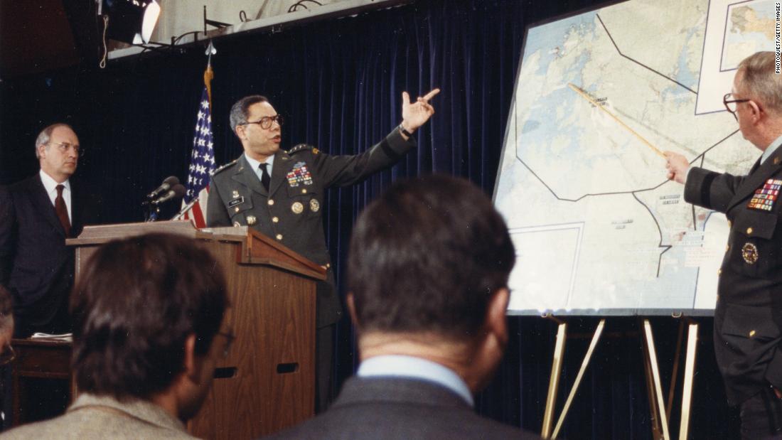 In 1989, Powell was tapped by President George H.W. Bush to head the Joint Chiefs of Staff. Here, he speaks during a Pentagon briefing about Panama. At left is Secretary of Defense Dick Cheney, who later became vice president of the United States.