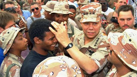 Colin Powell during a visit to an air base in Saudi Arabia in 1990.