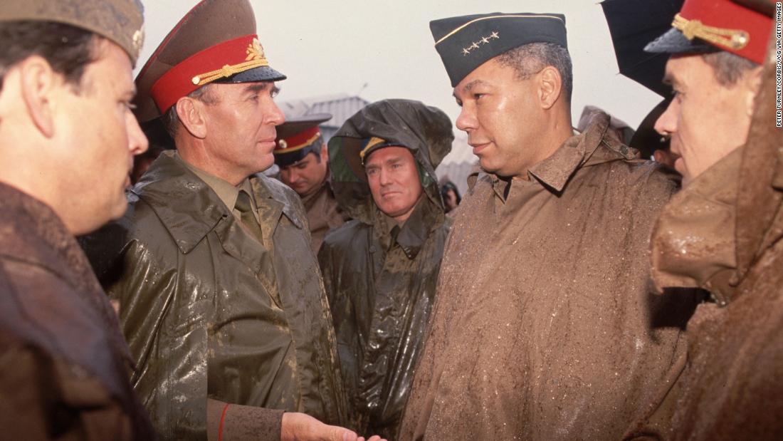 Powell tours a Soviet air base in 1991.