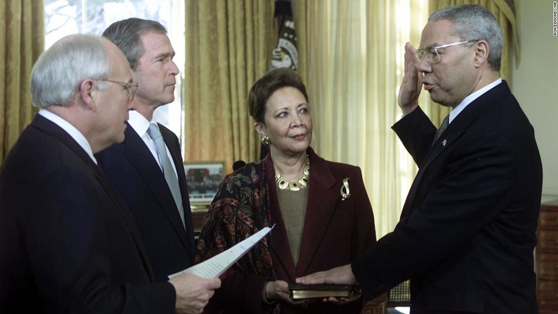 Powell is joined by his wife as the President swears him in as secretary of state in 2001.