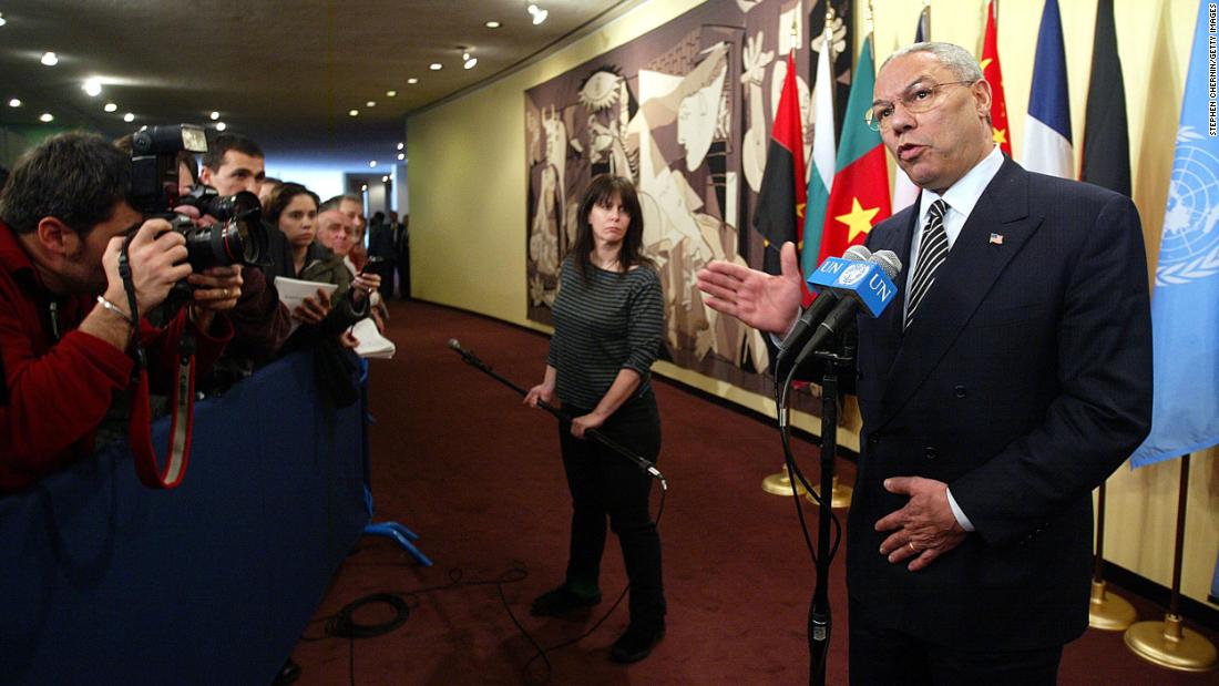 Powell speaks to the media after UN weapons inspector Hans Blix delivered a speech to the UN Security Council in 2003.