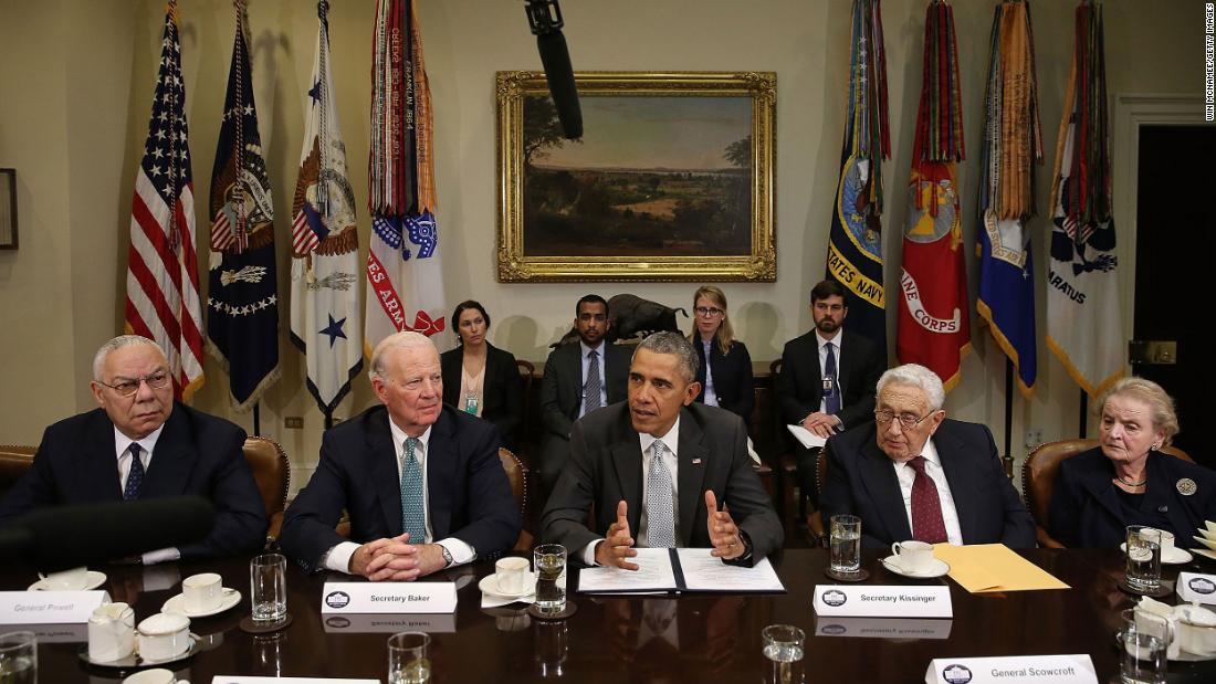 Powell, left, joins national security leaders past and present while meeting with President Barack Obama in 2015. The meeting was about the national security implications of the Trans Pacific Partnership trade pact. From left are Powell, former Secretary of State James Baker, Obama, former Secretary of State Henry Kissinger and Albright.