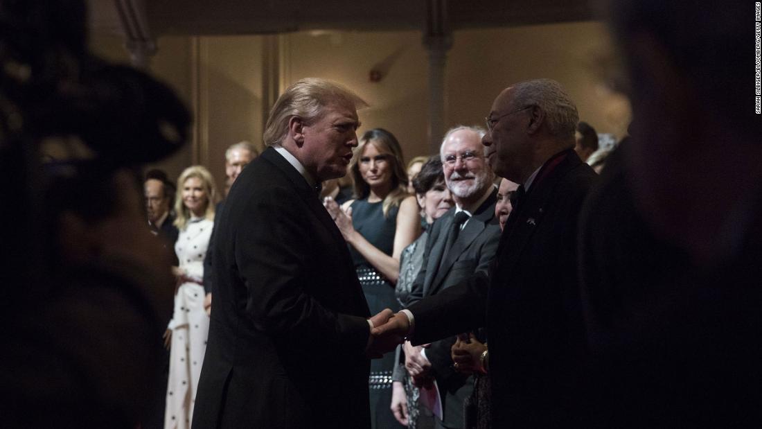Powell shakes hands with President Donald Trump during the Ford's Theatre Gala in Washington in 2019. Though the large majority of Powell's time as a public servant was spent in Republican administrations, the later years of his life saw him supporting Democratic presidential candidates and harshly criticizing top Republican leaders. Powell endorsed Obama, voted for Hillary and also supported Joe Biden. He once called Trump a &quot;national disgrace and an international pariah.&quot;