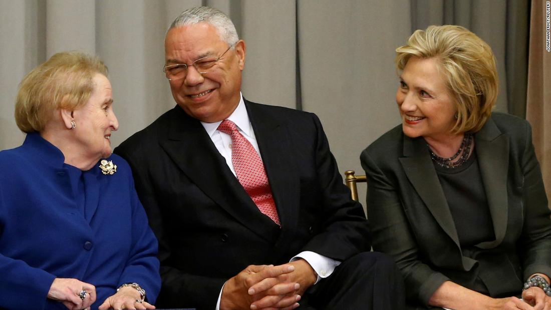 From left, former Secretary of State Madeleine Albright, Powell and former Secretary of State Hillary Clinton attend a groundbreaking ceremony for the US Diplomacy Center at the State Department in Washington in 2014.