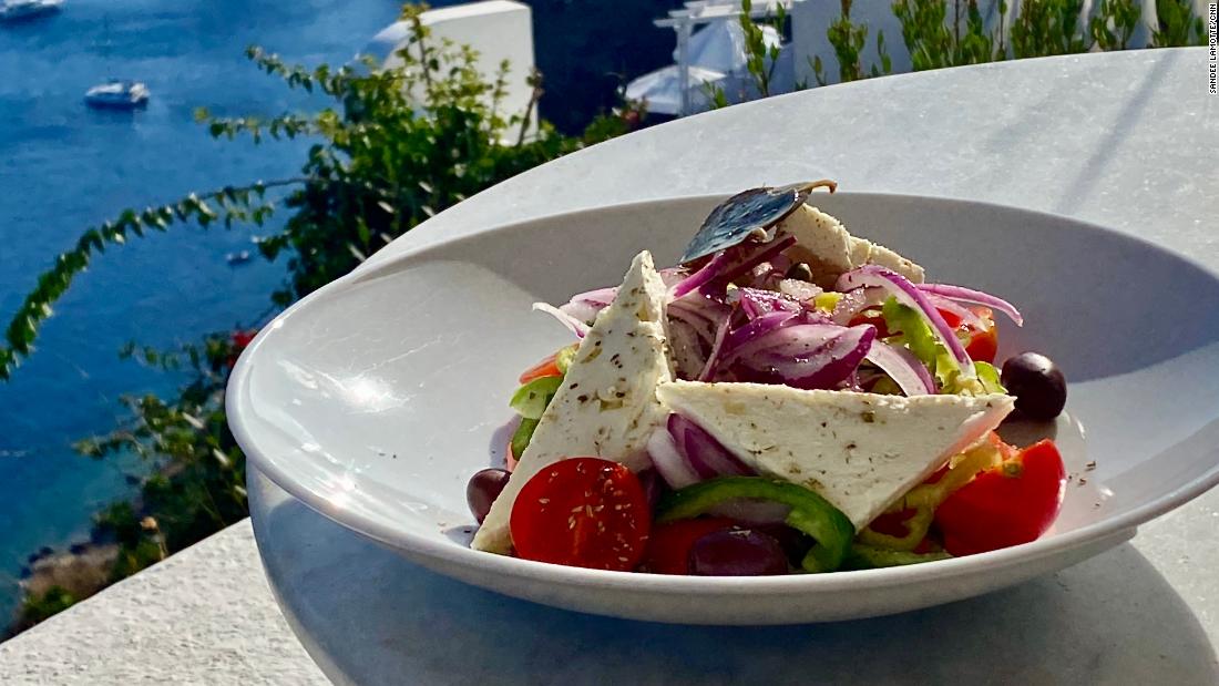 A traditional Greek salad, called horiatiki, has no lettuce. Instead, it&#39;s packed with plump, juicy tomatoes, cucumbers, green peppers, and onions, as well as several of the many varieties of Greek olives, and topped with large pieces of fresh feta and a dash of olive oil.