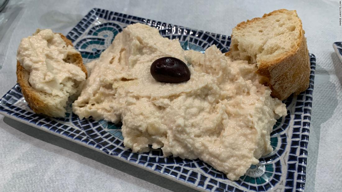 Taramasalata is a classic Greek dip made of fish roe, olive oil, lemon juice, grated onions and day-old bread.
