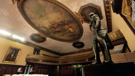 In this July 14, 2010 photo, a statue of Thomas Jefferson stands in New York&#39;s City Hall Council Chamber.